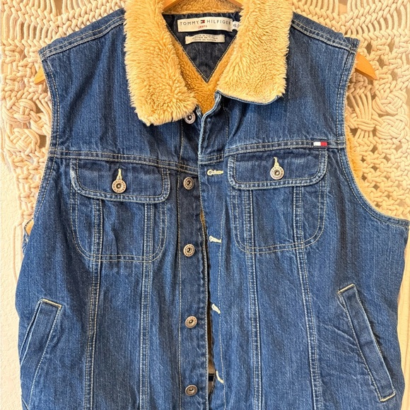 Tommy Hilfiger Blue Denim Vest – Tan Faux Fur Sherpa Lining & Collar, Women’s XL - Picture 1 of 1